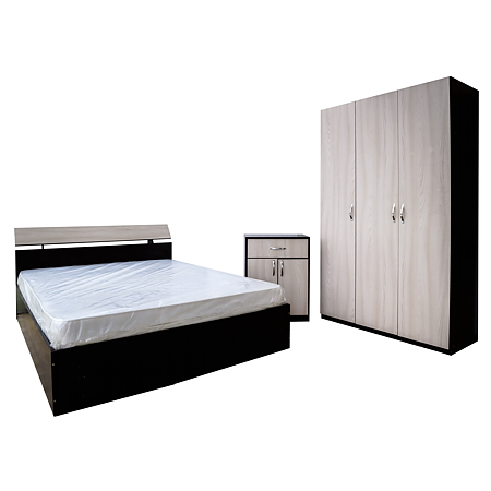 Dormitor modern Dorin, PAL melaminat, pat + dulap + noptiere + comoda, wenge-stejar sonoma