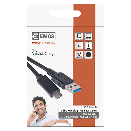 Cablu USB Emos, 3.0 A tata - 3.1 C tata, incarcare rapida, negru, 1 m