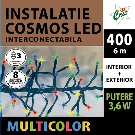 Instalatie sir cluster, 400 led, multicolor, cu joc, 6 m+ 3 m, cablu alimentare , interior/exterior, transformator IP44