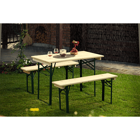 Set pliabil masa si 2 banci Bucin Mob Travel, dreptunghiulare, lemn masiv rasinoase, natur, 1.1 x 0.6 m