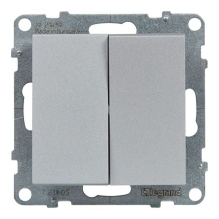 Intrerupator dublu Legrand, New Suno, L721305, IP44, montaj incastrat, aluminiu, 72.9 x 72.9 x 40 mm