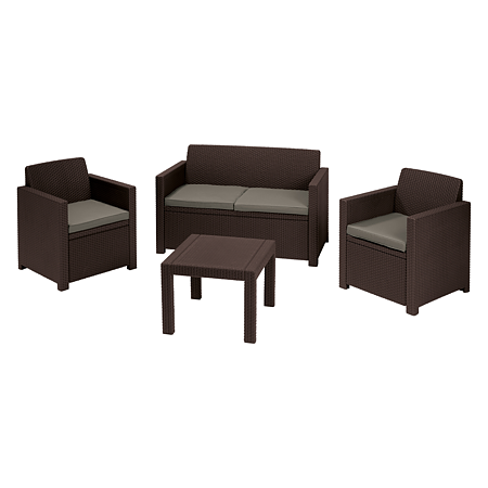 Set mobilier de gradina, 4 piese, Keter Alabama, plastic, 2 scaune 65 x 67 x 77cm, canapea 129 x 67 x 77 cm, masa 59 x 59 x 43cm, maro