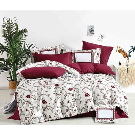 Lenjerie de pat, 2 persoane, Poly G13, microfibra 100%, 4 piese, alb-rosu, model flori