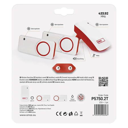 Sonerie wireless 2 butoane Emos P5720.2T, 150 m, IP44, 10 melodii