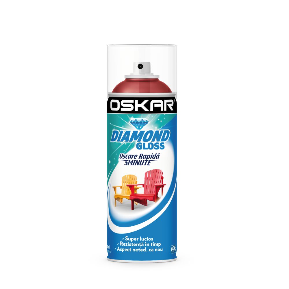 Vopsea spray pentru lemn / metal / ceramica Oskar Diamond Gloss, rosu RAL 3020, lucios, interior/exterior, 400 ml "Diamond"