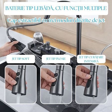 Chiuveta bucatarie multifunctionala smart BadenMob, 1 cuva, inox auriu, afisaj digital, doua cascade, spalator pahare, dozator detergent, baterie extensibila cu 3 functii, tocator, tava si sita inclusa, antizgarieturi, sistem preaplin, 75 x 45 x 22 cm