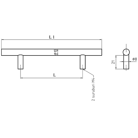 Maner cilindric otel D10 mm, 192 mm, crom