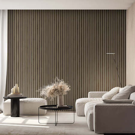Panou decorativ Linea Comfort, 5 lamele, decor pin tobaco, maro si gri, suport placaj casmir, interior, 265 x 24,6 x 3 cm