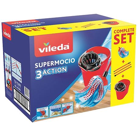 Mop microfibra Vileda Supermocio 3Action + coada telescopica + galeata cu storcator, rosu