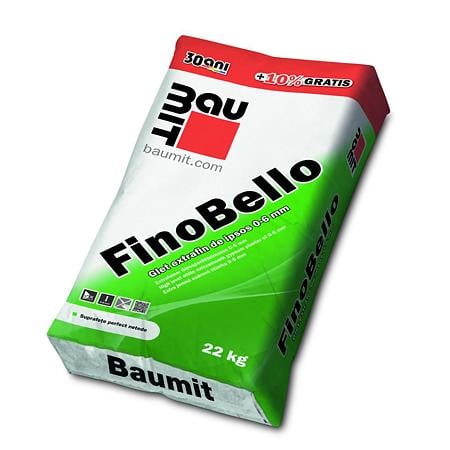 Glet extrafin de ipsos Baumit Fino Bello, pe baza de ipsos, extra alb, interior, 20 kg + 2 kg overfill