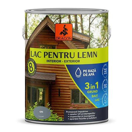 Lac pentru lemn 3in1 Dragon, gri, pe baza de apa, interior/exterior, 2.5 l