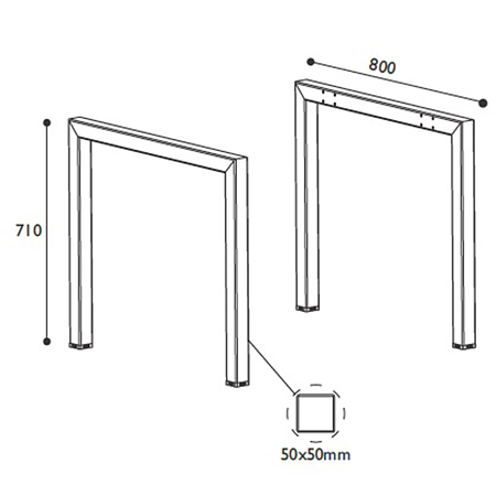 Picior modular "U", metal, gri metalic, sectiune 50 x 50 mm, H 710 mm, l 800 mm, set 2 buc