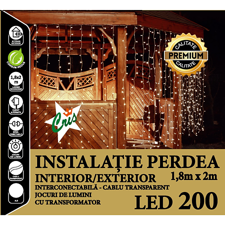 Instalatie decorativa Craciun tip perdea, Cris, 200 LED-uri alb, lumina rece, 1.8 x 2 m, interior/exterior, alimentare la retea