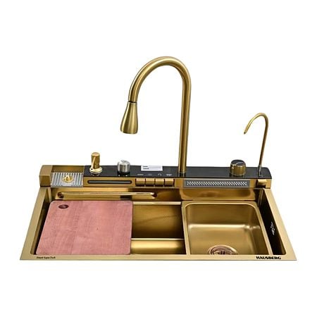Chiuveta bucatarie inox Hausberg, aurie, dreptunghiulara, cuva stanga / dreapta, 75 x 46 cm, adancime cuva 21.5 cm + baterie cu display digital + baterie filtru apa + dozator detergent + suport spalare pahare + 2 tavite uscare + tocator lemn