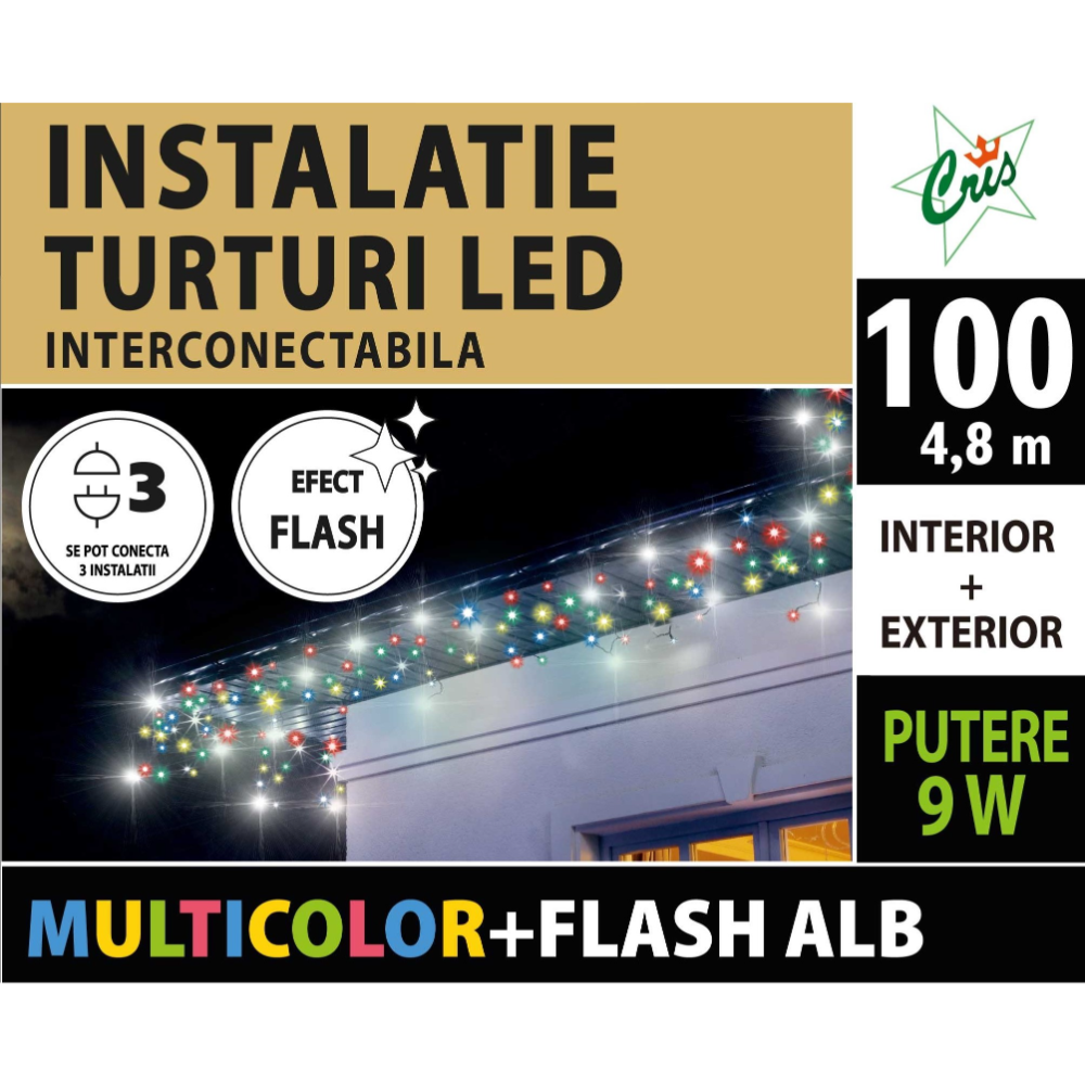 Instalatie decorativa Craciun, Cris, 100 LED-uri alb cu flash alb, 4,8 m, interior / exterior, alimentare la retea 100