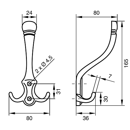 Cuier PENTA mare, zamac, satin argintiu, 24 x 80 x 165 mm