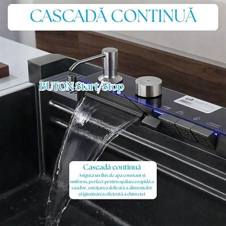 Chiuveta bucatarie multifunctionala smart BadenMob, 1 cuva, inox auriu, afisaj digital, doua cascade, spalator pahare, dozator detergent, baterie extensibila cu 3 functii, tocator, tava si sita inclusa, antizgarieturi, sistem preaplin, 75 x 45 x 22 cm
