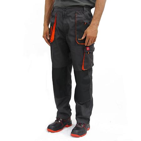 Pantaloni de protectie in talie Classic, tercot, barbatesti, cu insertii portocalii, toate sezoanele, culoare gri cu negru, marimea 44