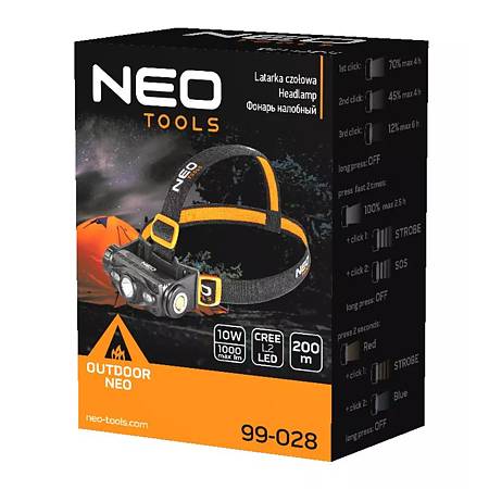 Lanterna frontala reincarcabila LED Neo Tools, 10 W, 1000 lm, 8 moduri de iluminare