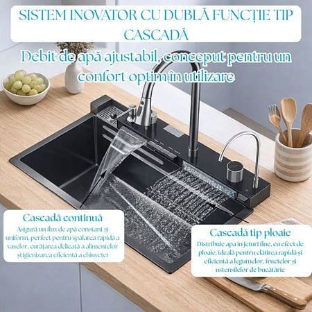 Chiuveta bucatarie multifunctionala smart BadenMob, 1 cuva, inox auriu, afisaj digital, doua cascade, spalator pahare, dozator detergent, baterie extensibila cu 3 functii, tocator, tava si sita inclusa, antizgarieturi, sistem preaplin, 75 x 45 x 22 cm
