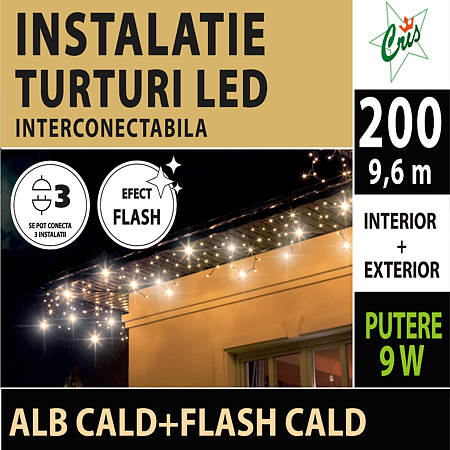 Instalatie decorativa Craciun, turturi, 200 LED-uri alb cald cu flash cald, 9,6 m, interior/exterior, alimentare la retea