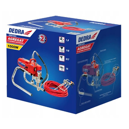 Pistol de vopsit Dedra DED7423, 1kW, presiune maxima 210 bar, lungime furtun 15 m, set complet