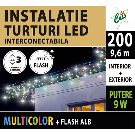 Instalatie perdea, 200 led cu flash, multicolor, 10 m, exterior, interconectabila, alimentare la retea