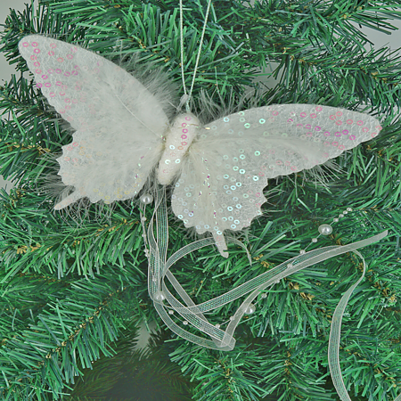 Decoratiune de Craciun fluturas cu pene si margele, textil, 45 cm