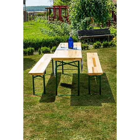 Set masa pliabila si 2 banci Bucin Mob Standard, dreptunghiulare, lemn masiv rasinoase, natur, 2.2 x 0.5 m