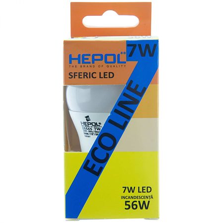 Bec LED Ecoline Hepol, forma sferica, E27, 7 W, 560 lm, lumina calda 3000 K