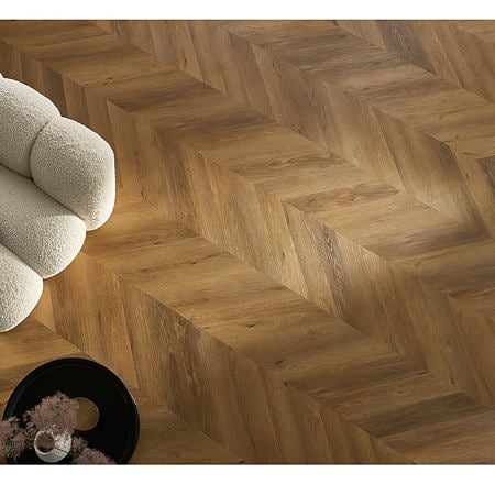 Pardoseala SPC 4,5 mm Afirmax Chevron stejar Frisco, impermeabila, nuanta medie, clasa de trafic 32, sistem de imbinare clic 5G, montaj chevron placi A si B,  600 x 120 mm