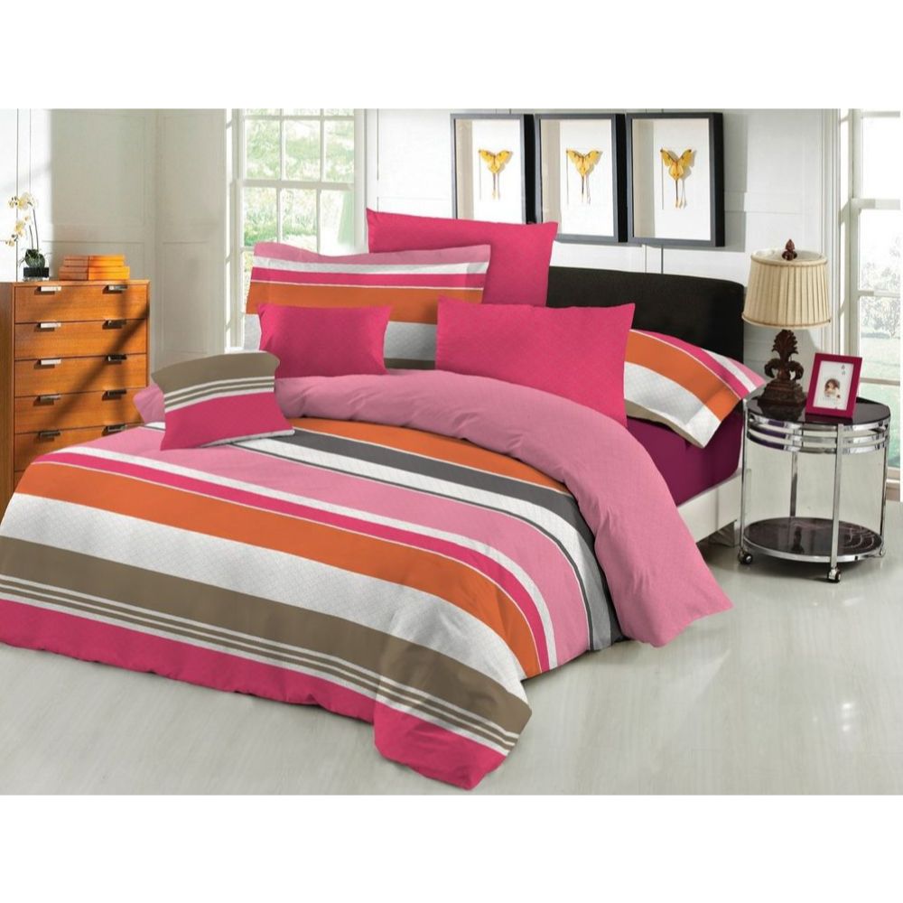 Lenjerie de pat, 2 persoane, Minet Conf, bumbac 100%, 4 piese, alb + roz + portocaliu + gri + maro 100