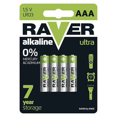 Baterii ultra alcaline Raver, AAA RUA LR03-B4, 1.5 V, 4 buc/blister