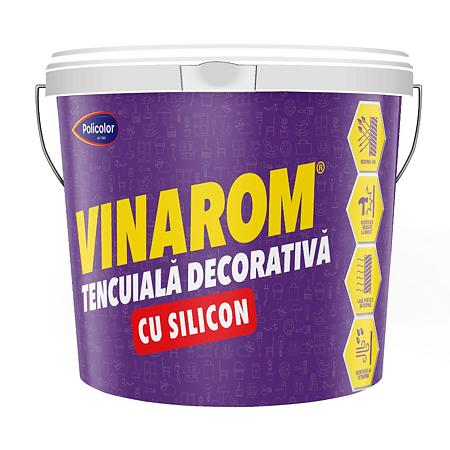 Tencuiala decorativa siliconica Vinarom F15 Policolor, aspect praf de piatra, granulatie 1-1.5 mm, interior/exterior, gri inchis, 25 kg