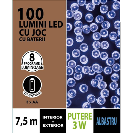 Instalatie brad Craciun Cris, 100 LED-uri albastre, 7.5 m, timer, interior / exterior, alimentare baterii