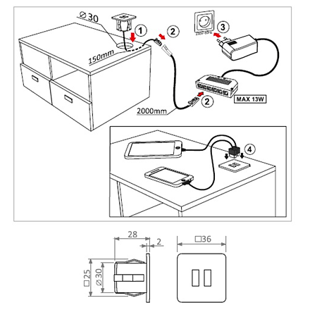 Mufa incarcare USB dubla, Furnika, 2 prize,0,15 m, aluminiu, IP20 