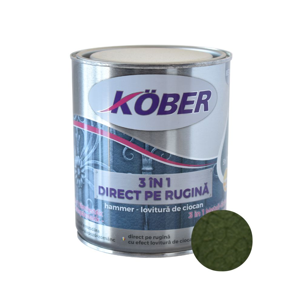 Vopsea alchidica pentru metal Kober 3 in 1 Hammer,interior/exterior, verde,0.75 l acoperis