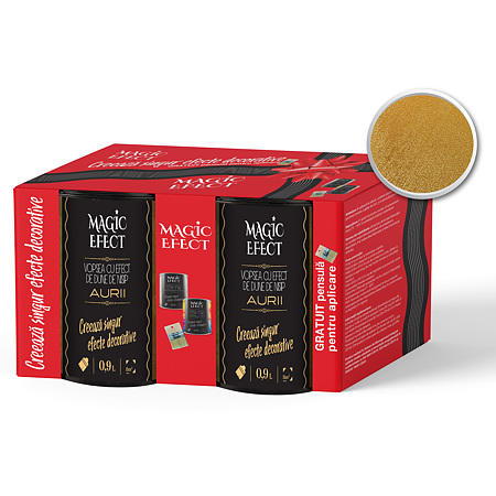 Pachet vopsea decorativa cu efect de dune de nisip Magic Efect Ultra Gold, pe baza de apa, 0.9 l, 1 + 1 + pensula