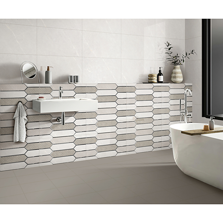 Faianta decorativa Fresno HL 22183-RM-2, glazurata, rectificata, lucios, model geometric in relief, insertii metalice, bej si crem 30 x 60 cm