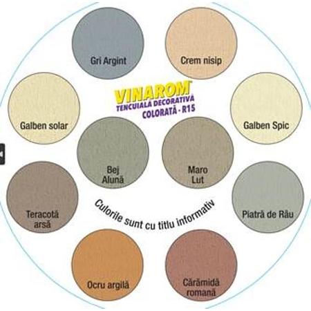 Tencuiala decorativa siliconica Vinarom R15 Policolor, aspect praf de piatra, granulatie 1.5-2 mm, interior/exterior, galben solar, 25 kg