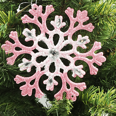 Decoratiune pentru Craciun, fulg de zapada cu gliter, plastic, roz, 16 cm