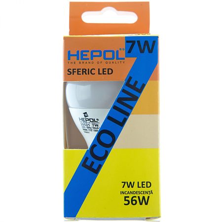 Bec LED Ecoline Hepol, forma sferica, E14, 7 W, 560 lm, lumina calda 3000 K