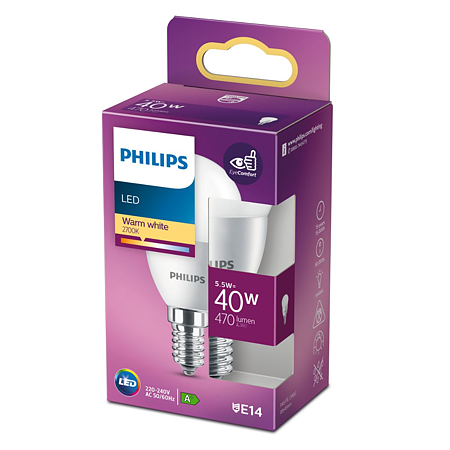 Bec LED lustra Philips, E14, 5.5 - 40W, alb, lumina calda 2700 K Bec LED lustra Philips, E14, 5.5 - 40W, alb, lumina calda 2700 K