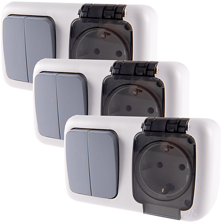 Intrerupator dublu + Priza Elegant, Comtec MF0012-85803, gri, montaj aparent, IP54