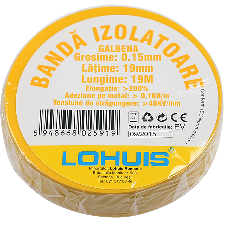 Banda izolatoare din PVC Lohuis, galben, 1900 x 19 x 0.15 mm