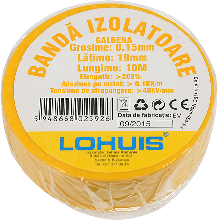 Banda izolatoare din PVC Lohuis, galben, 1000 x 19 x 0.15 mm