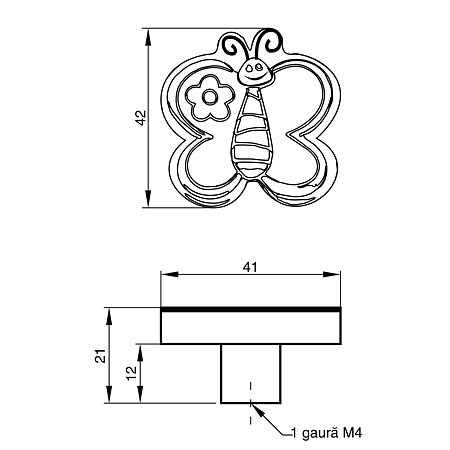 Buton AM050, model fluture, silicon, galben, 41 x 42 x 21 mm