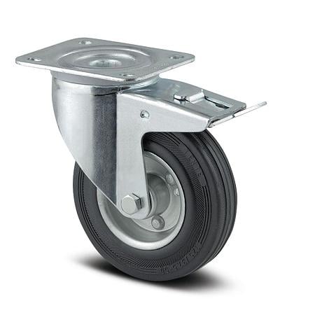 Rola pivotanta cu frana si placa, cauciuc plin negru, 200 x 50 mm, 205 kg
