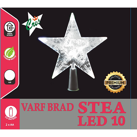 Varf brad tip stea Craciun, Cris, 10 LED-uri albe, 15,5 cm, alimentare baterii