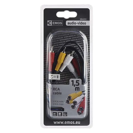 Cablu audio video RCA Emos, 3 mufe RCA tata - 3 mufe RCA tata, 1.5 m, negru